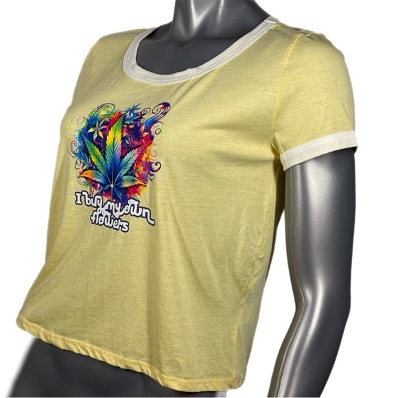 The Blind Medium | Yellow Ringer Crop Top ‘I Buy My Own Flowes’ Purple Graphic - Picture 7 of 12